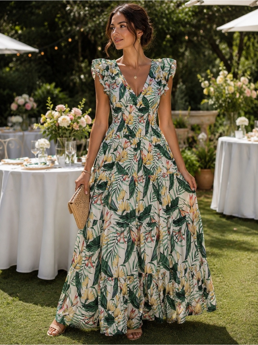 H&M Tropical Floral Tiered Dress|medium vacation garden party cruise resort